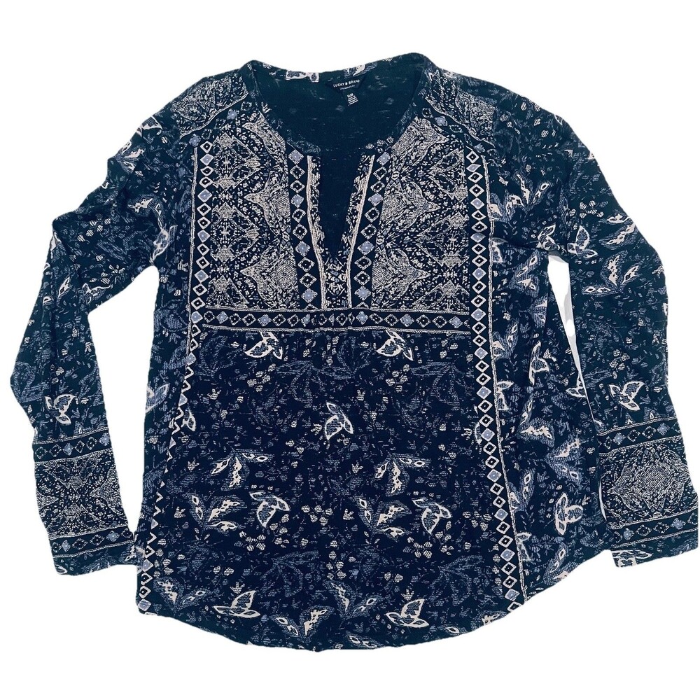 Lucky Brand Women's Black Multi Geometric Boho Long Sleeve Knit Top Sz Medium - Picture 3 of 9